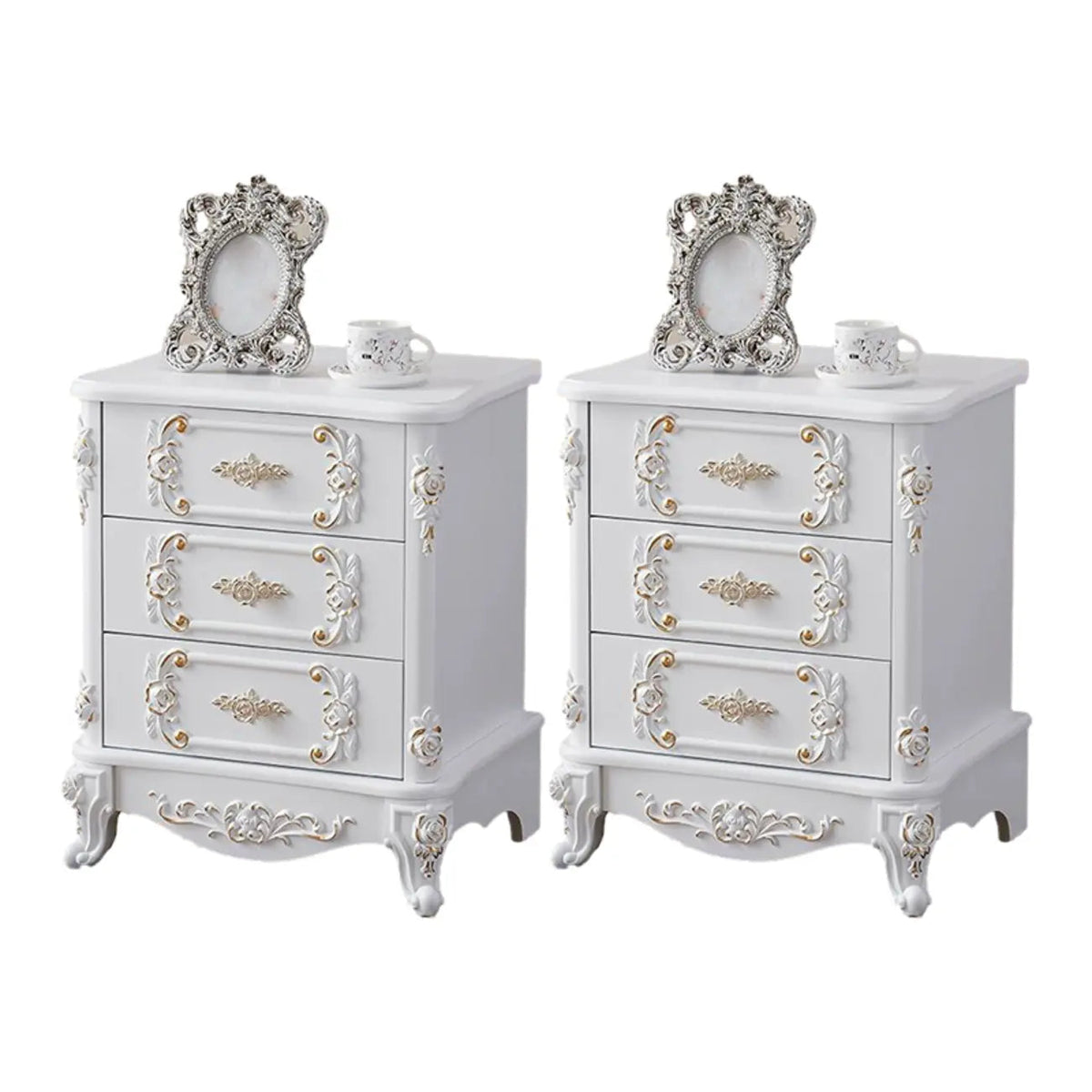 Traditional White Wood Carved 3-Drawer Nightstand