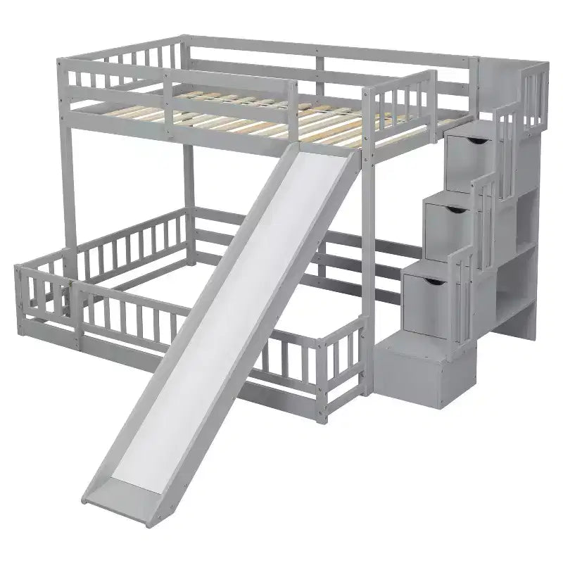 Twin over Full Bunk Bed with Slide, Storage Staircase, Safety Guardrails and Solid Pine Wood Frame, White/Grey