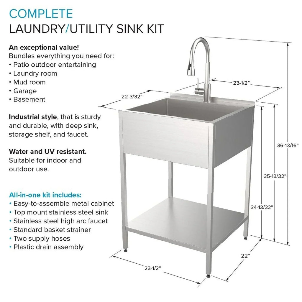 24-in W x 22-in D x 35-in H Stainless Steel Laundry Sink and Wash Stand