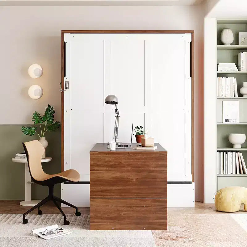 Full Size Murphy Bed, Wooden Full Cabinet Bed Wall Bed with Foldable Desk, Folding Wall Chest Bed for Guest Room Office