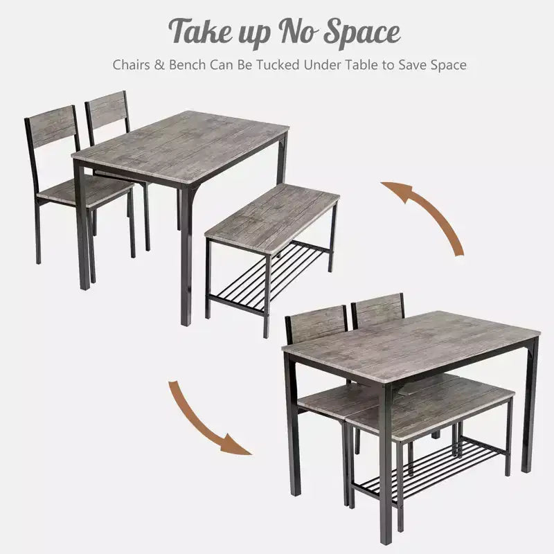 Costway 4pcs Dining Table Set Rustic Desk 2 Chairs & Bench w/ Storage Rack