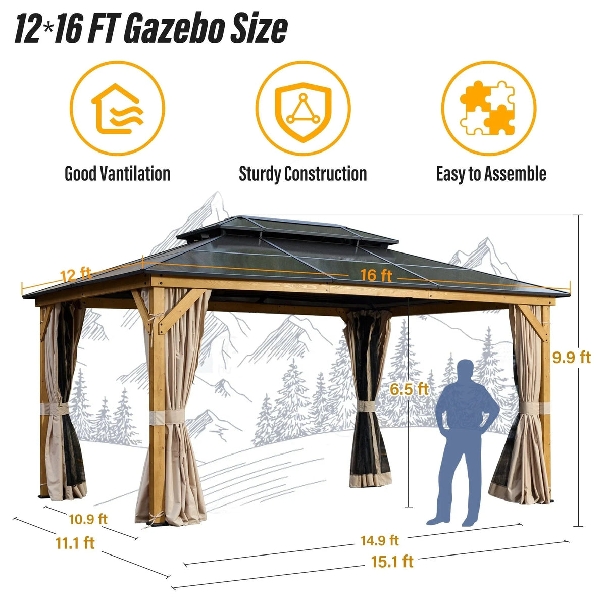 EROMMY Hardtop Gazebo,Outdoor Pergola with Double Roof & Netting & Curtains,Heavy Duty Canopy for Patio, Backyard, Pool party