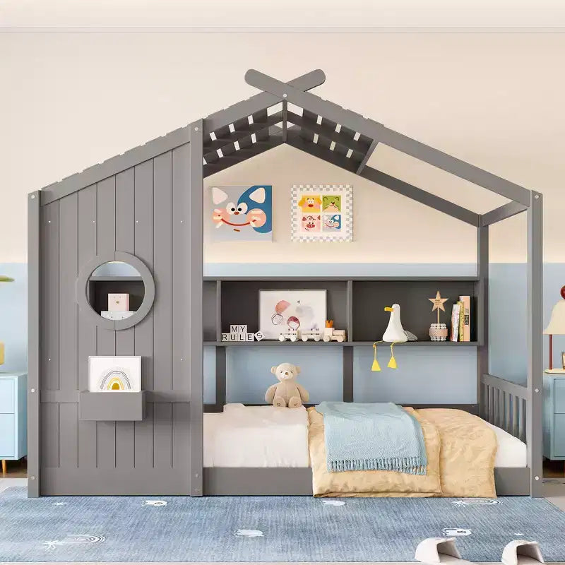 Twin Size Floor House Bed, Kids Montessori Playhouse Bed with Storage Shelf and Roof Design