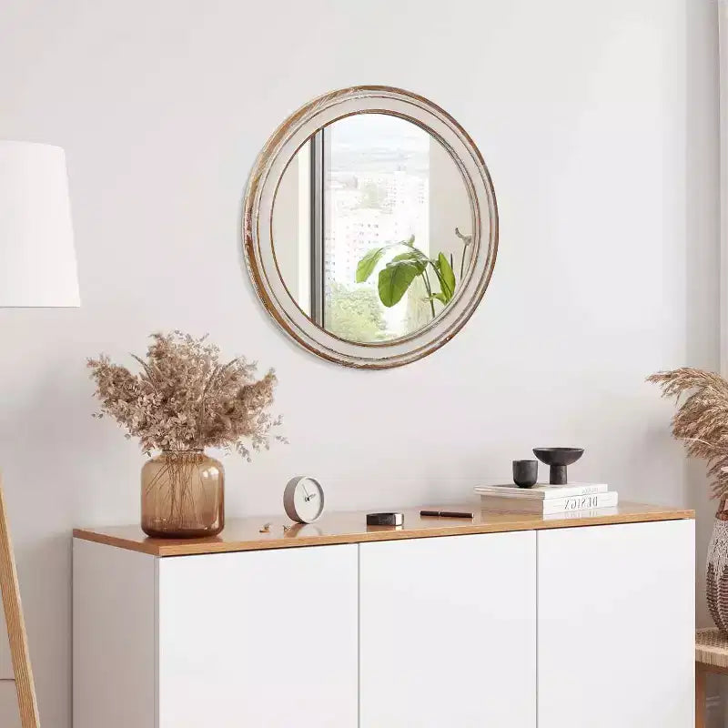 MAYEERTY 24 inches Wooden Farmhouse Round Wall Mirror for Bathroom Vanity Bedroom Living Room Kitchen Office
