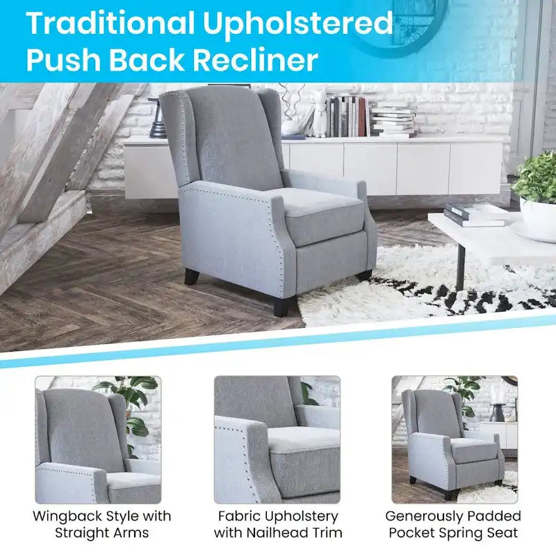Push Back Wing Back Pocket Spring Recliner with Side Accent Nail Trim