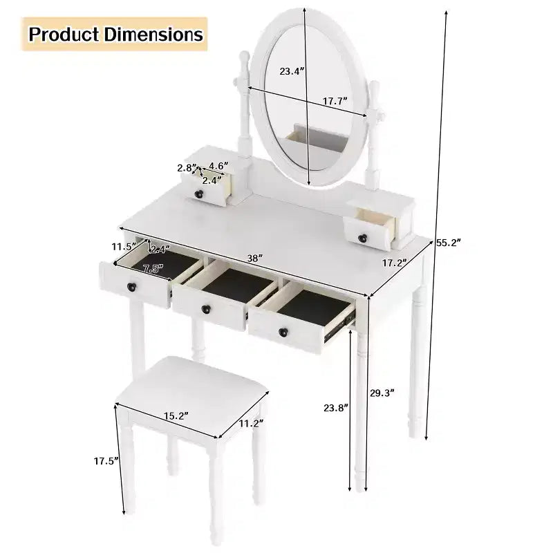 Okak Vintage Wooden Makeup Vanity with Adjustable Angle Mirror, Vanity Table with 5 Drawers and Cushioned Stool, Vanity Desk for Bedroom