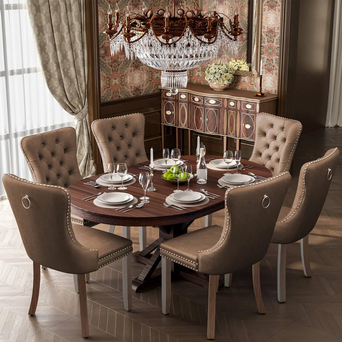Upholstered Tufted Velvet Dining Chair with Solid Wood Legs Set of 6