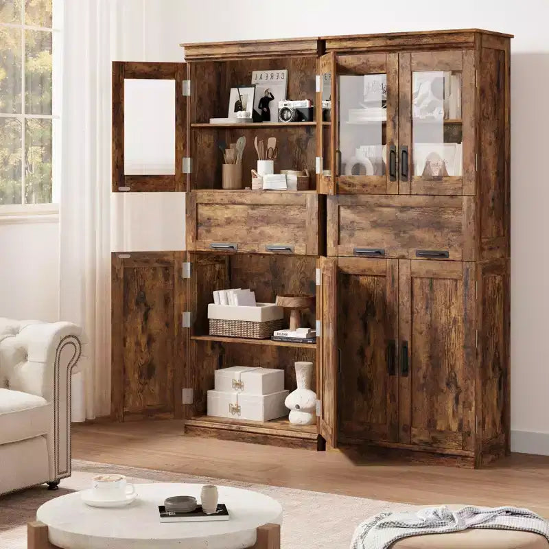 66.9 Large Bathroom Cabinet with 4 Doors, Freestanding Storage Cabinet with Glass Doors, Adjustable Shelves & Drawers for Kitchen Pantry Living Room