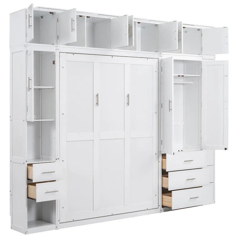 White Full Size Modern Murphy Bed with Drawers, Lockers, and Wardrobes