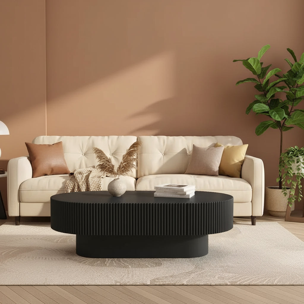 Oval Coffee Table with Fluted Base for Living Room