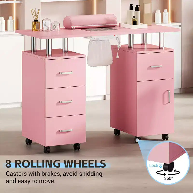 Manicure Table Nail Desk Station with Dust Collector, Locking Castors, Wrist Cushion & Storage for Home, Nail Tech & Beauty Salon