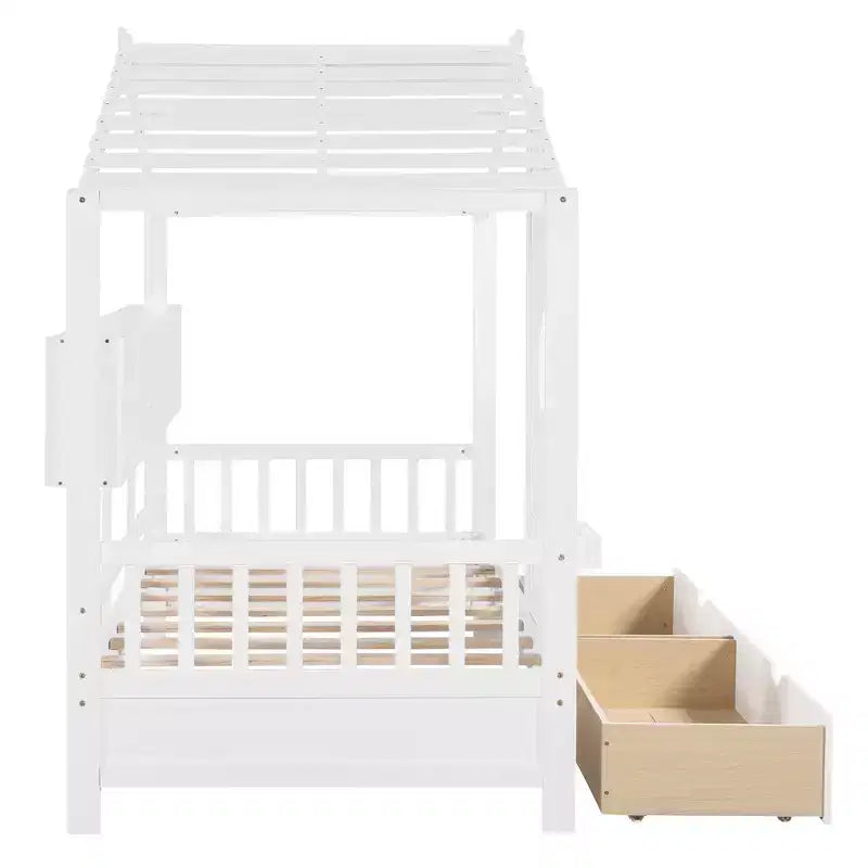 Whisen Twin Size House Bed & Kids Bed, Playhouse Bed with 2 Drawers, Storage Shelf