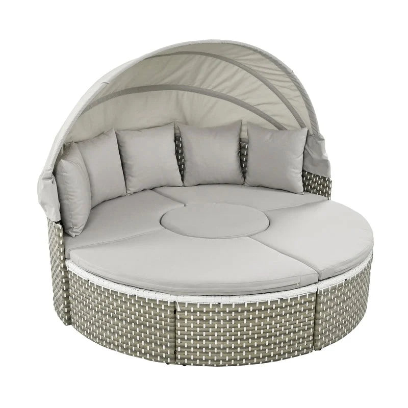 Round Outdoor Daybed Two-Tone Weave Sunbed with Retractable Canopy