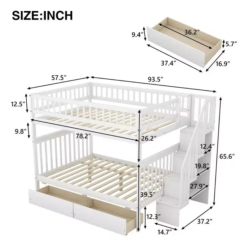Full over Full Bunk Bed with Drawers and Storage Staircase