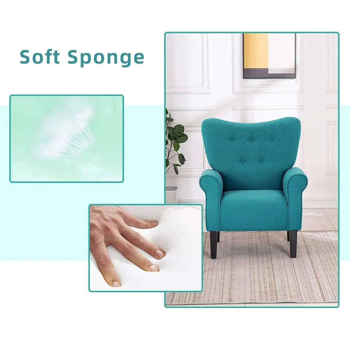 Erommy Modern Accent Chair, High Back Armchair, Upholstered Fabric Button Single Sofa with Wooden Legs for Living Room