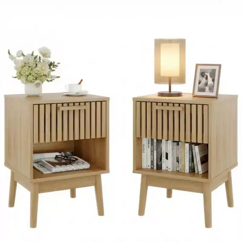 Set of 2 Boho Nightstands w/ Striped Drawer and Open Shelf, Compact Wood Bedside End Table, Small Space Side Table for Bedroom and Living Room