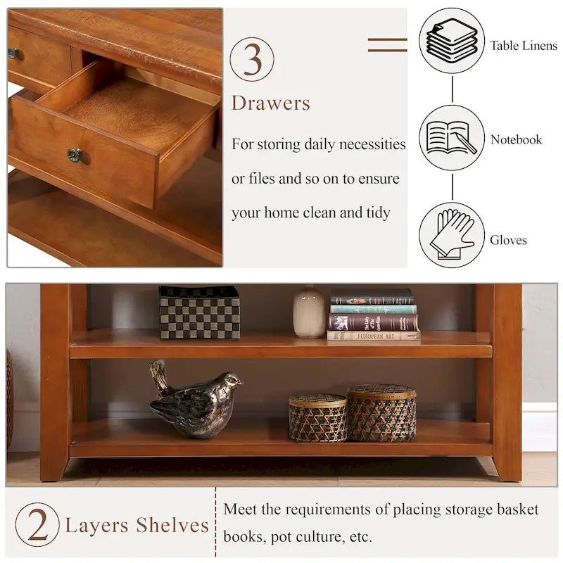 Modern Solid Pine Wood Top Console Table with 3 Drawers and 2 Shelves