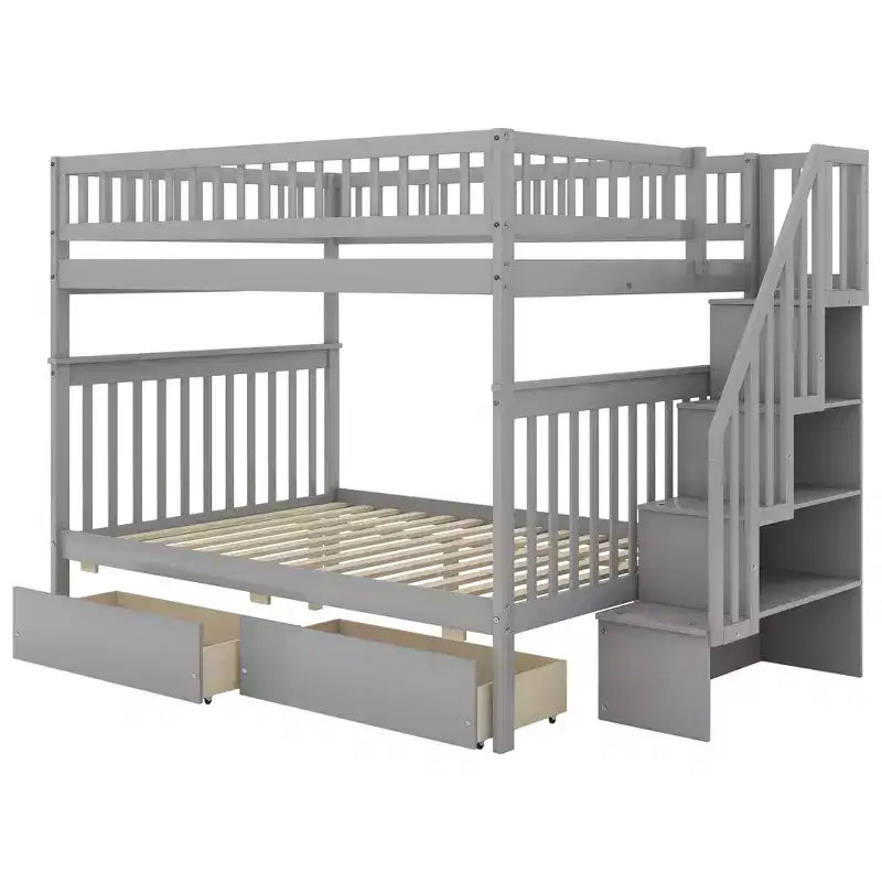 Full over Full Bunk Bed with Two Storage Drawers and Storage Shelves for Kids Teens Adults Bedroom