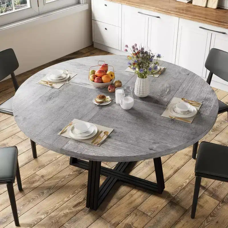 Round Dining Table for 4-6, 47 Kitchen Table with Storage Shelf, Wooden Dinner Table with Metal Base for Home Living Room, No Chairs