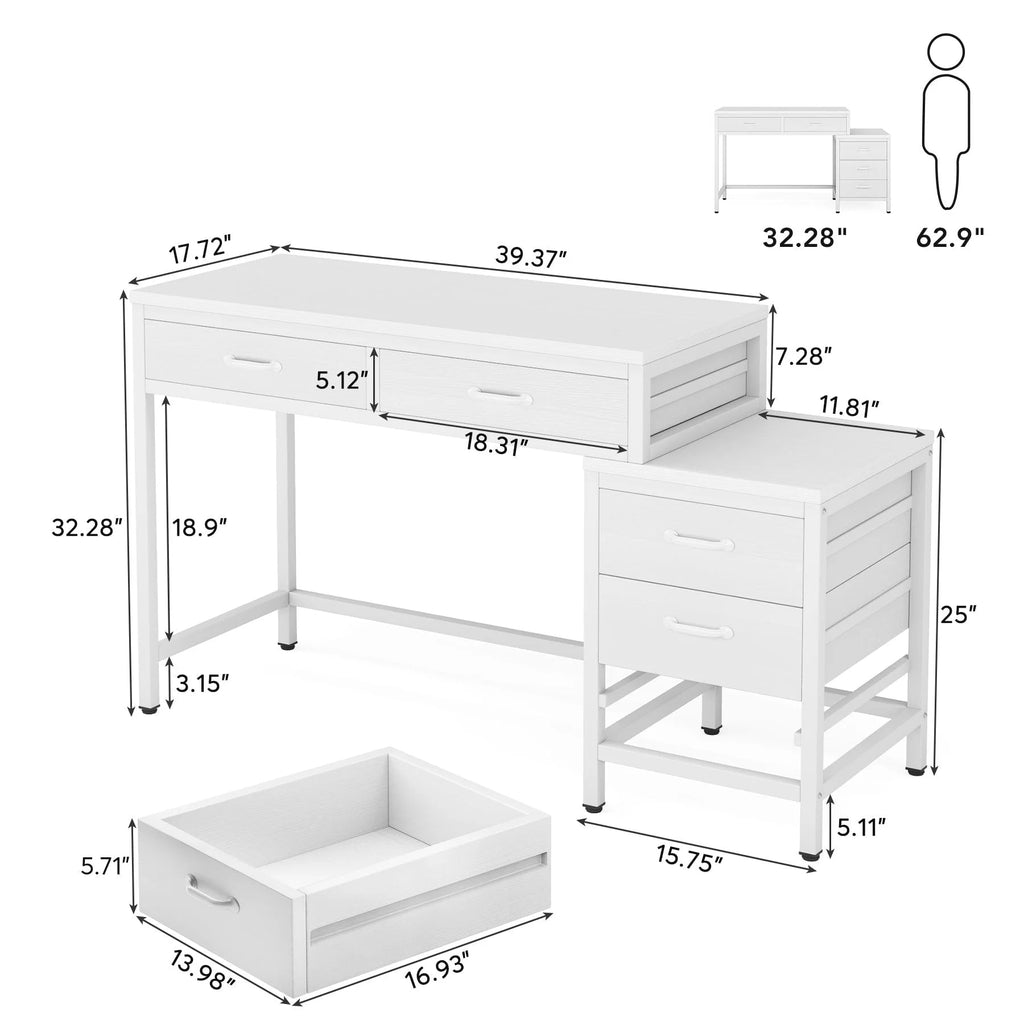 Reversible Computer Desk with 5 Drawers, Home Office Desk with File Cabinet Drawer Printer Stand