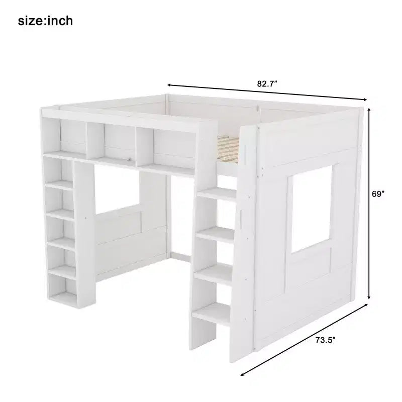 Whisen Queen Size Wooden Loft Bed Frame with Storage Cabinets and Shelves