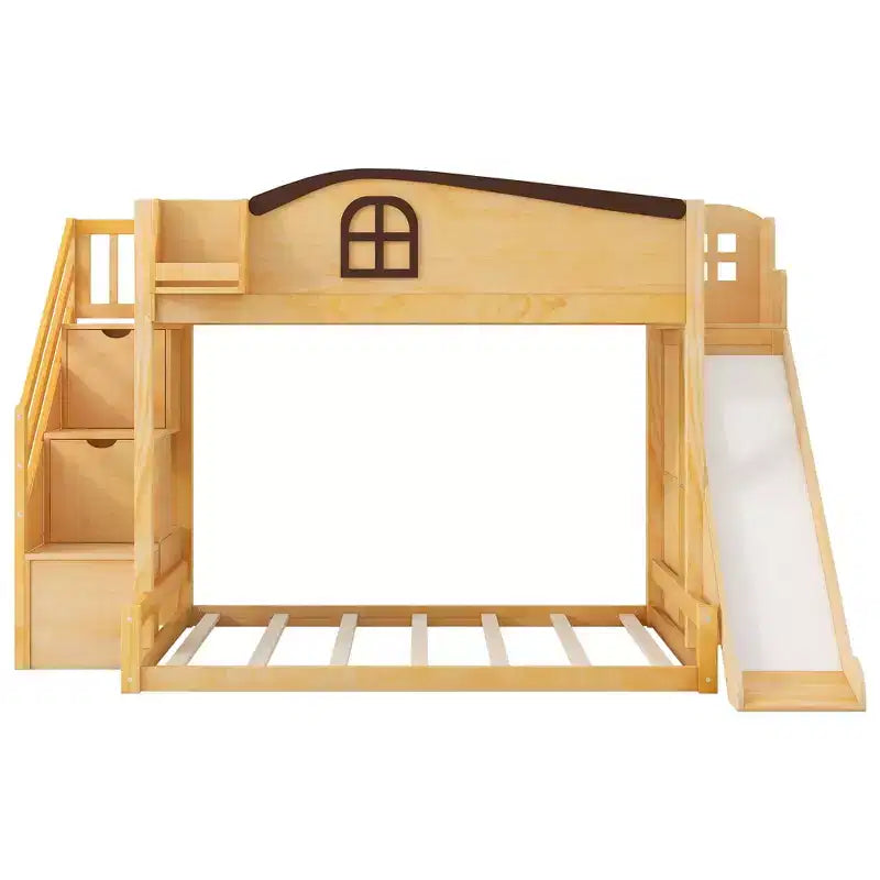 Twin over Full Bunk Bed with Slide, Shelves, Storage Staircase and Wardrobe for Kids Room