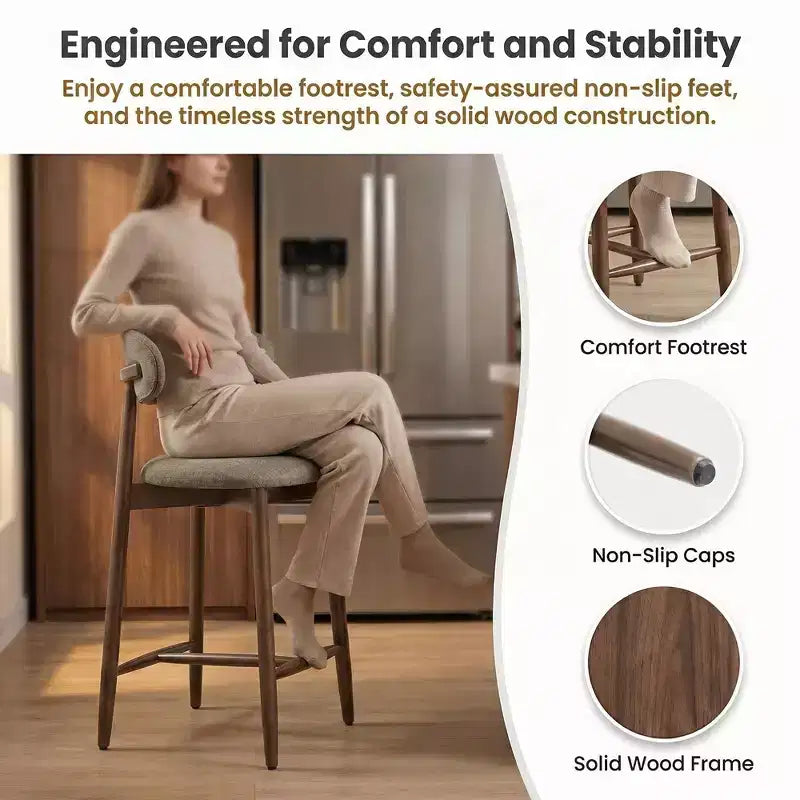 Ora Maison Set of 2/4/6 Counter Height Upholstered Bar Stool with Fabric & Walnut Finish