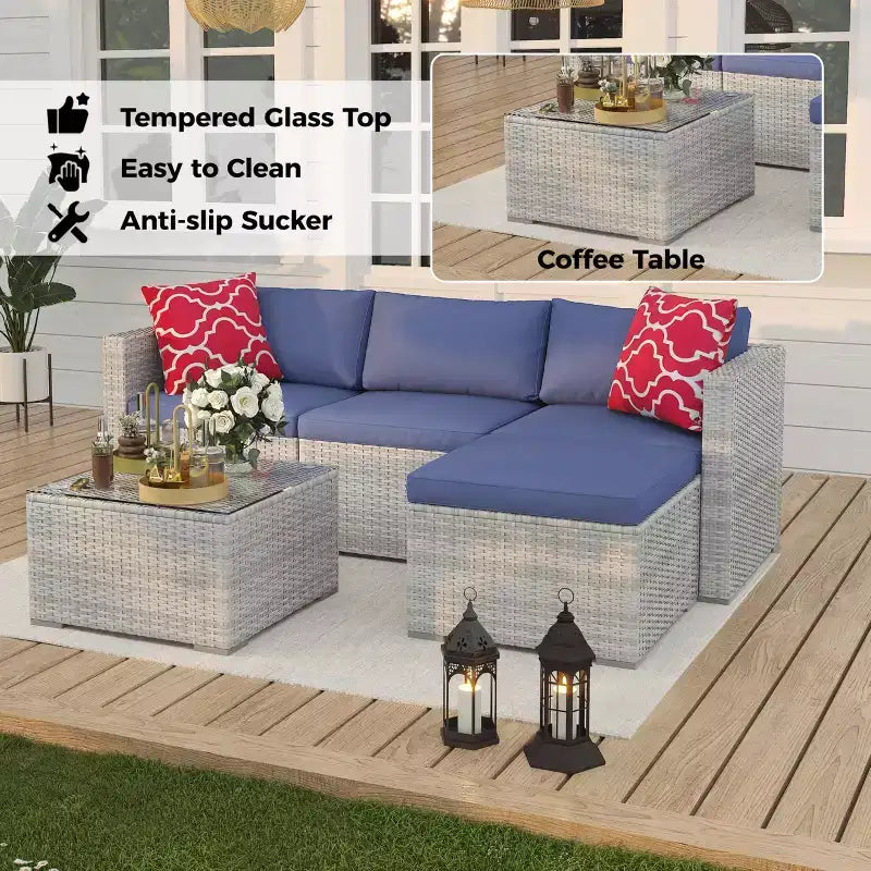 5 Pieces Patio Furniture Set, All-Weather Wicker Sectional Sofa With Anti-Slip Cushions, Rattan Outdoor Patio Furniture Sofa Set With Ottoman