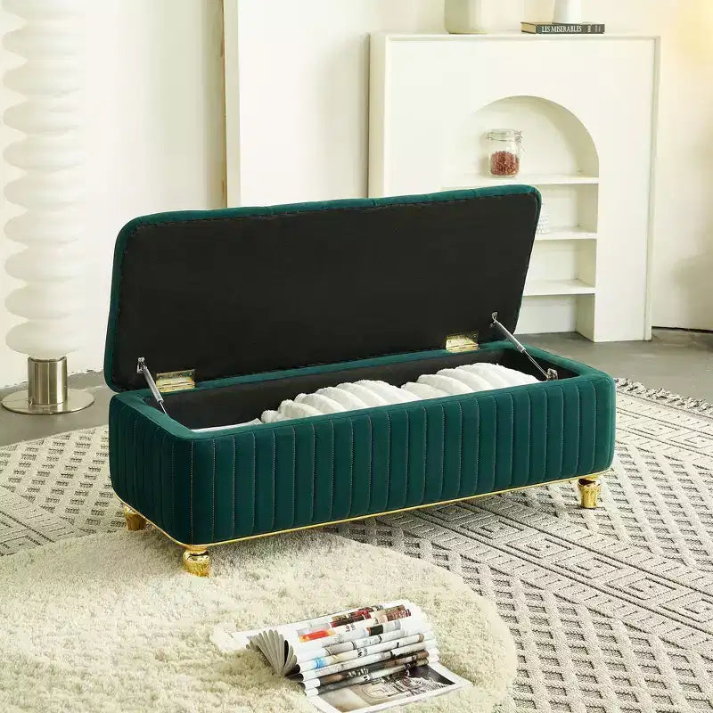 Okak Modern Luxury Flip Top Deep Button Ottoman Bench with Gold Decor & Metal Legs,Upholstered Storage Bench for Living Room,Bedroom