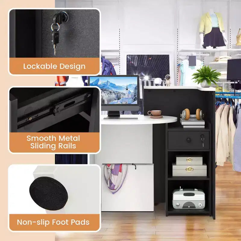 Costway Front Reception Counter Desk Checkout Office Desk with Open Shelf & Lockable Drawer White/Brown/Black
