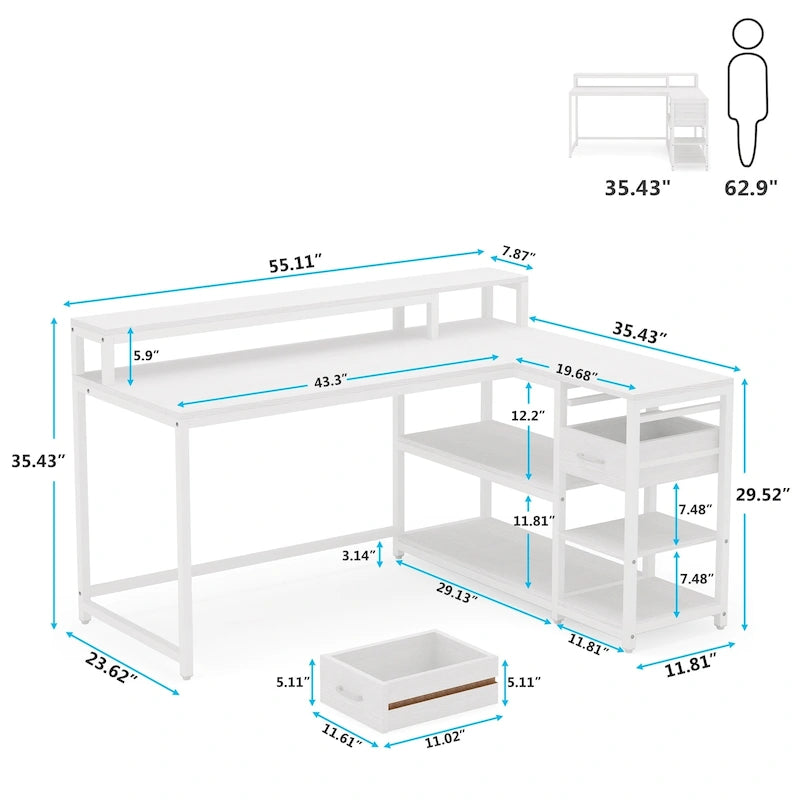 L Shaped Desk with Drawer, Home Office Corner Desk with Storage Shelves and Monitor Stand, Rustic PC Desk for Small Space