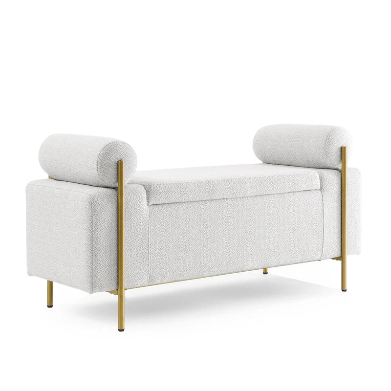 Upholstered Linen Storage Bench with Cylindrical Arms and Gold Metal Legs