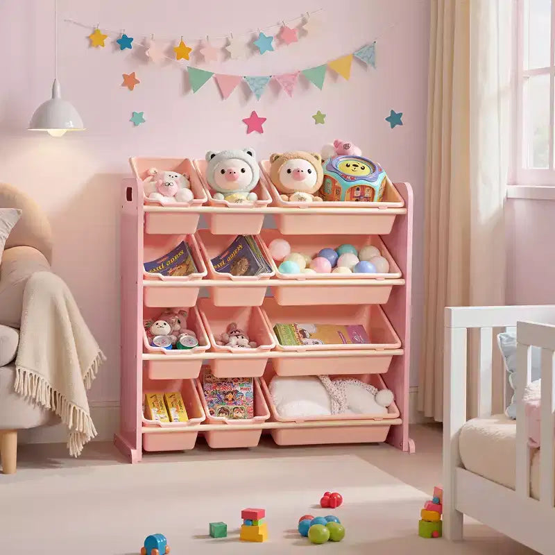 VECELO Kids Bookshelf Toy Storage with 12 Bins, Wooden Toy Rack for Toddlers, Large-Capacity Playroom Storage for Books or Toys