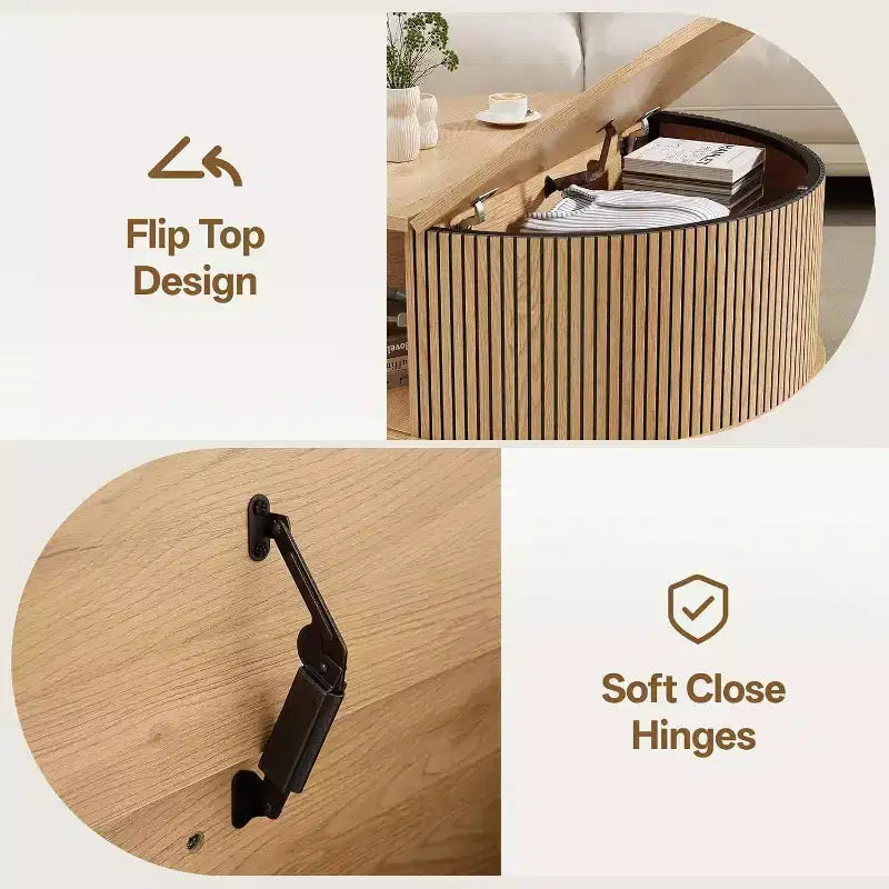 NAYSAYE Round Coffee Table with Storage, 31.5 Fluted Center Table for Living Room, Modern Walnut Wood Circle End Table for Small Space