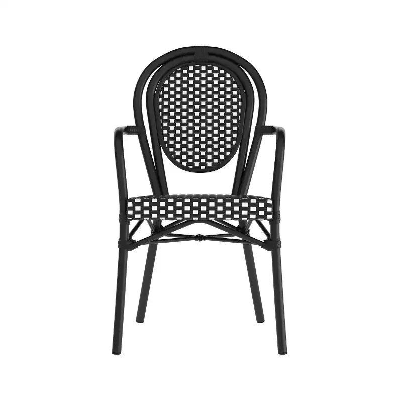 Flash Furniture 4 Pack Lourdes Indoor/Outdoor Commercial Thonet Bistro Stacking Chair with Arms, PE Rattan and Aluminum Frame