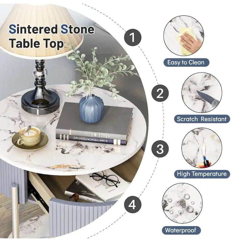 Myhozm Modern End Table with Storage Drawer, Round Nightstand with Metal Legs for Living Room, Bedroom, Office