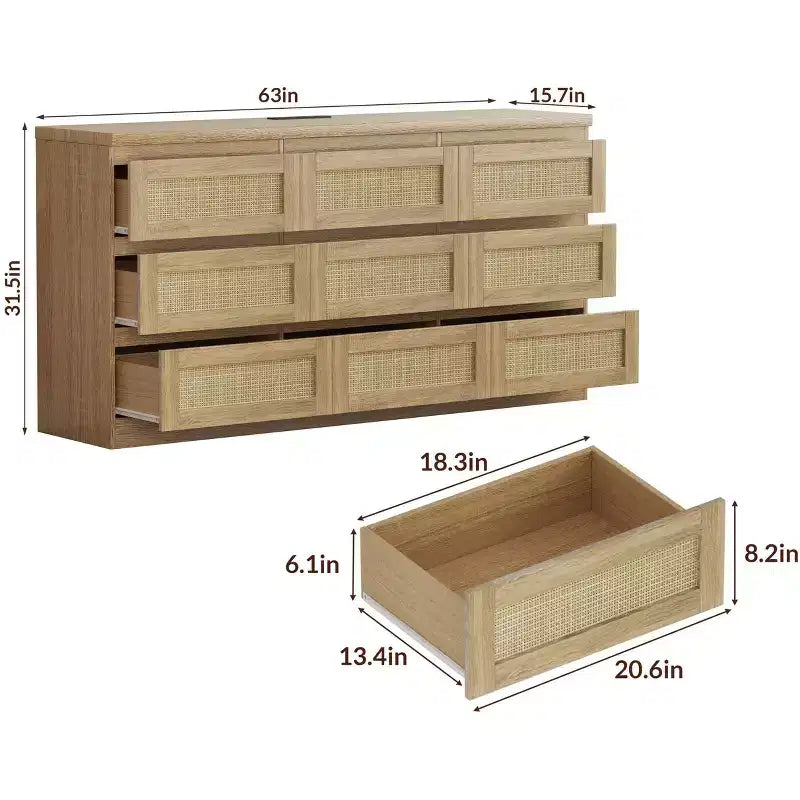 Dresser for Bedroom, Rattan 9 Drawer Dresser for Closet, Double Wood Dressers & Chest of Drawers