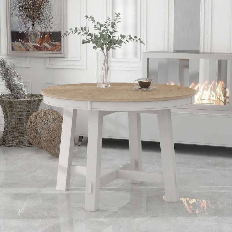 TREXM Farmhouse Round Extendable Dining Table with 16 Leaf Wood Kitchen Table