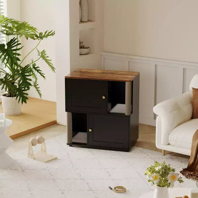 Litter Box Enclosure with Double Room, Hidden Enclosed Litterbox Furniture with Scratch Posts and Double-Layer Litter Mats Indoor Pet House
