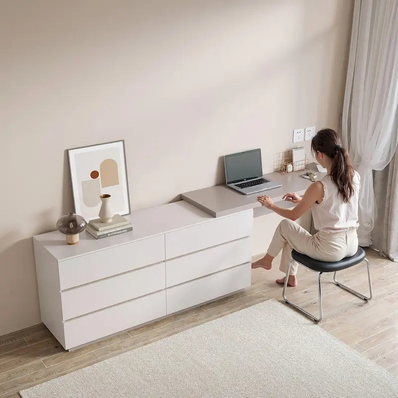 97.63  Modern Home Office Expandable Dresser Desk Combo with 6 Drawers