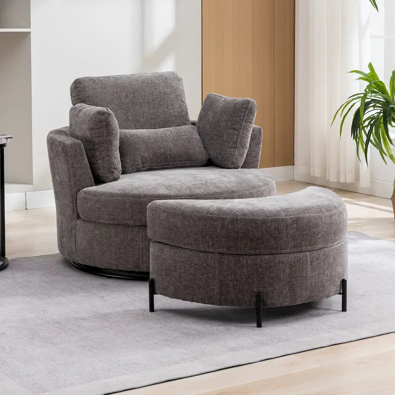42.3W Upholstered Swivel Accent Chair with 4 Pillows and Half-Moon Storage Ottoman