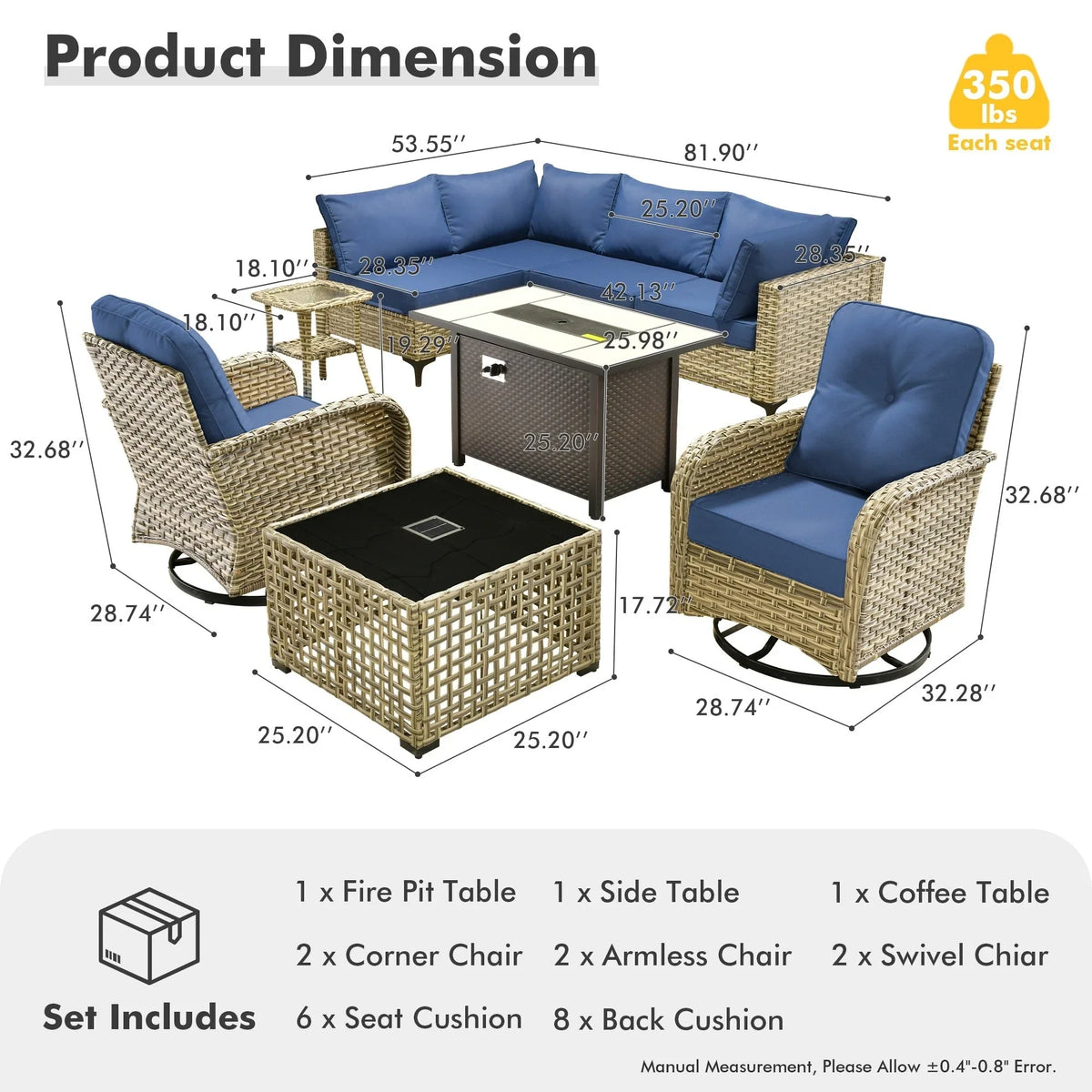 OVIOS 9 Pieces Outdoor Wicker Swivel Chair Set With Fire Table