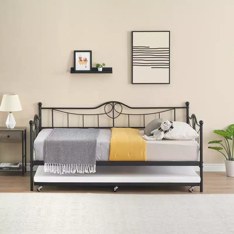 Twin Day Bed with Trundle Bed Twin, Metal Daybed with Trundle, Daybed with Trundle Bed Frame, Steel Slat Support Sofa Bed for Kids Teens Adults