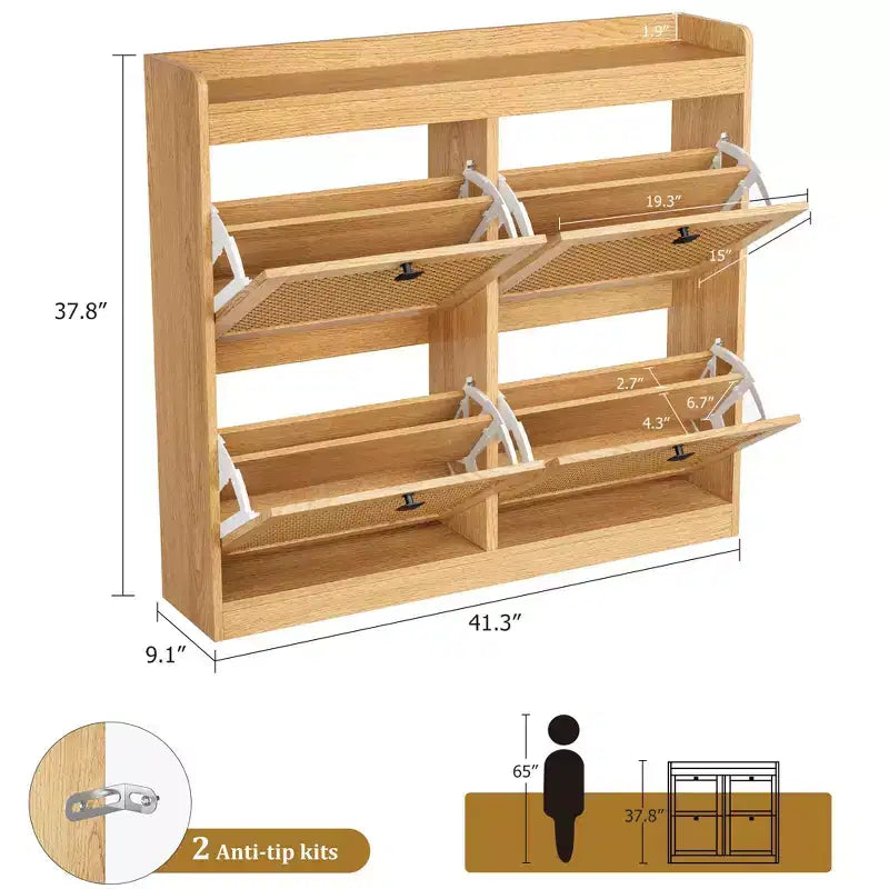 Shoe Storage Cabinet with 4 Flip Drawers, Wood Shoe Cabinet with Rattan Doors and Adjustable Shelves- Freestanding Shoe Organizer