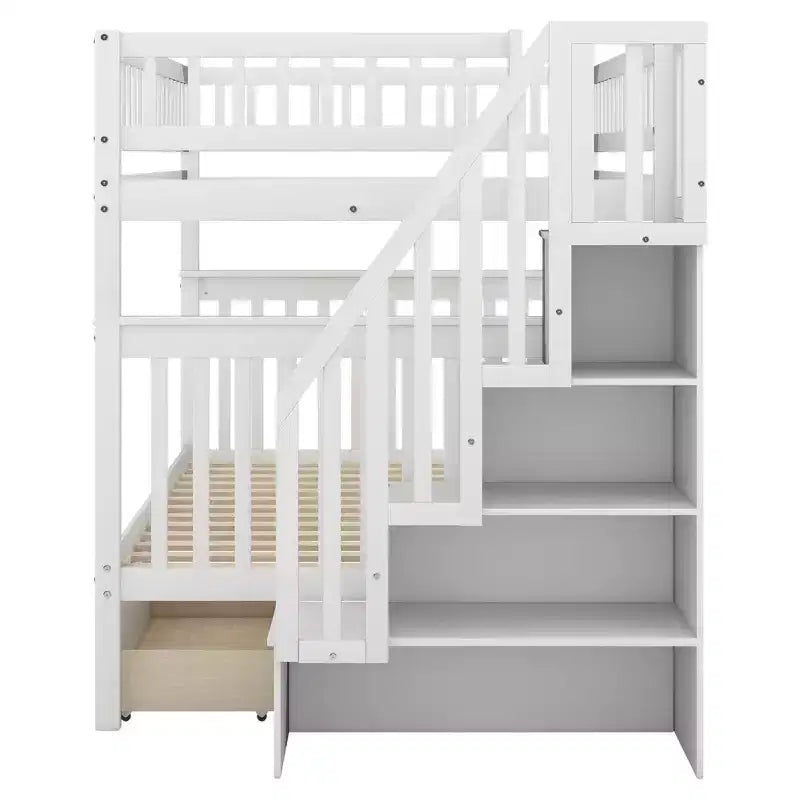 Full over Full Bunk Bed with Two Storage Drawers and Storage Shelves for Kids Teens Adults Bedroom