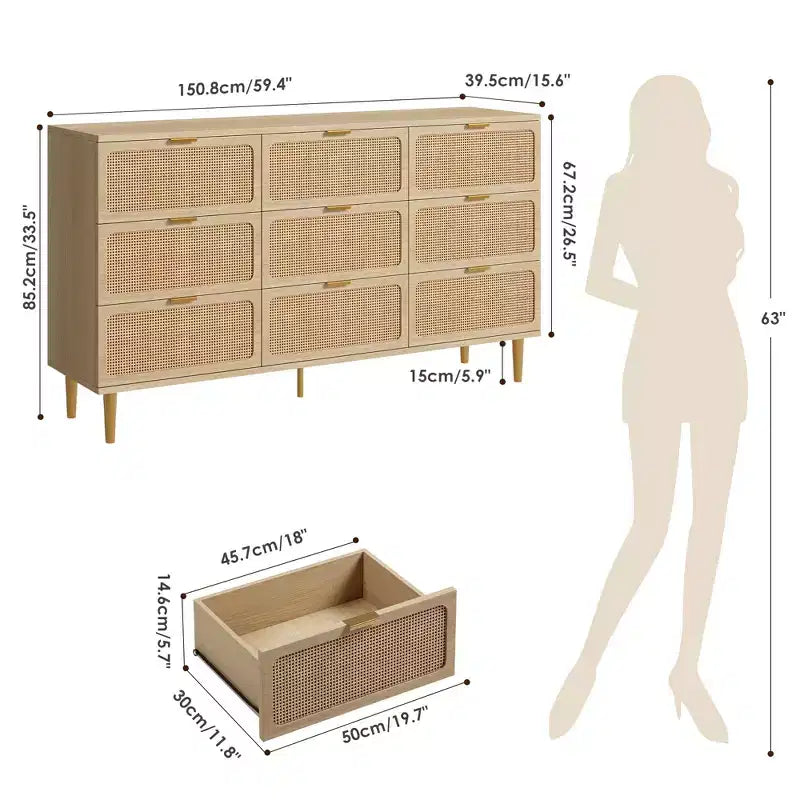 Rattan chest of drawers for the bedroom, large-capacity drawer cabinets for the wardrobe, suitable for the living room, hallway, and childrens room.