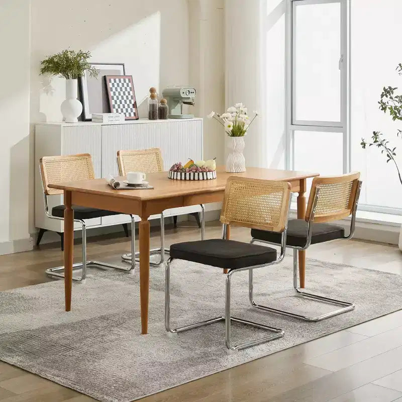 2Pcs Modern Dining Chairs with Linen Seat, Rattan Back & Chrome Base