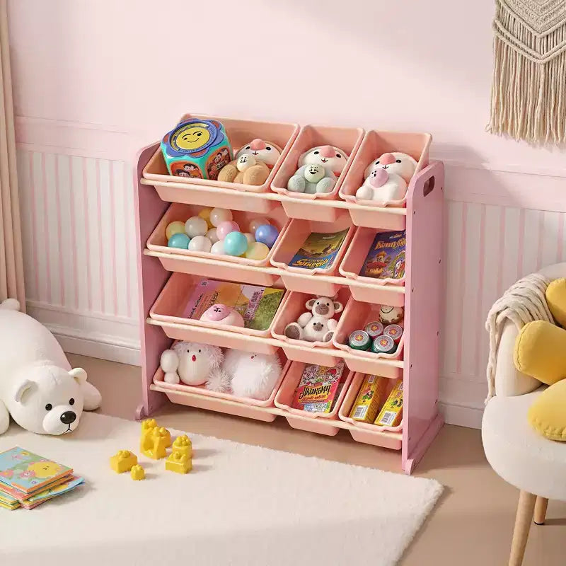 VECELO Kids Bookshelf Toy Storage with 12 Bins, Wooden Toy Rack for Toddlers, Large-Capacity Playroom Storage for Books or Toys
