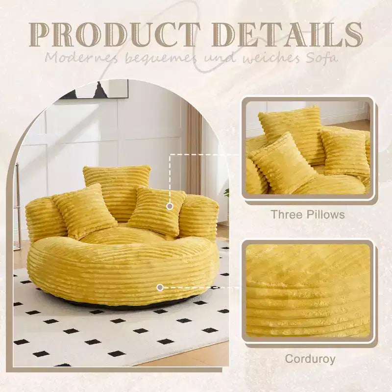 Bean Bag Sofa for Adults Kids, Oversized Corduroy Bean Bag Chair with 3 Pillows & Armrest for Living Room Bedroom - ModernLuxe