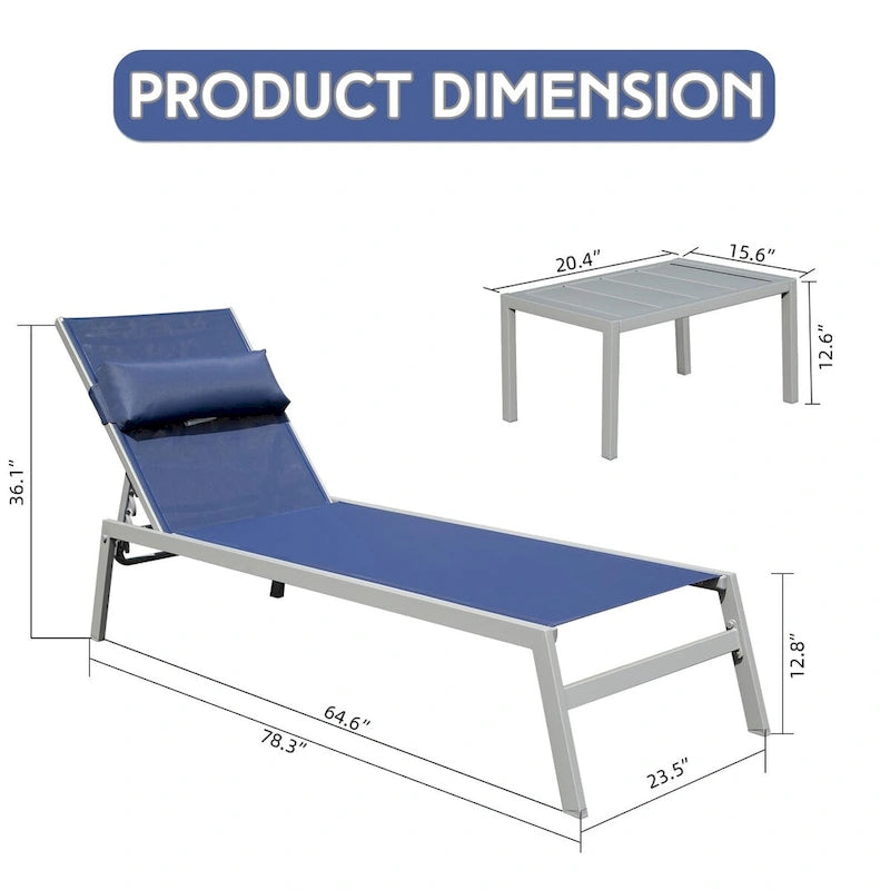 Patio Chaise Lounge Set of 3, Aluminum Pool Lounge Chairs with Side Table, Outdoor Adjustable Recliner All Weather